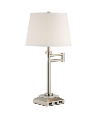 Camber Modern Desk Table Lamp 29" Tall Brushed Steel with USB and AC Power Outlet in Base Swing Arm Linen Shade for Bedroom Living Room