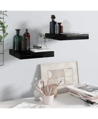Floating Wall Shelves 2 pcs High Gloss Black 9.1"x9.3"x1.5" MDF