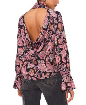 Women's Printed Long-Sleeve Open-Back Blouse