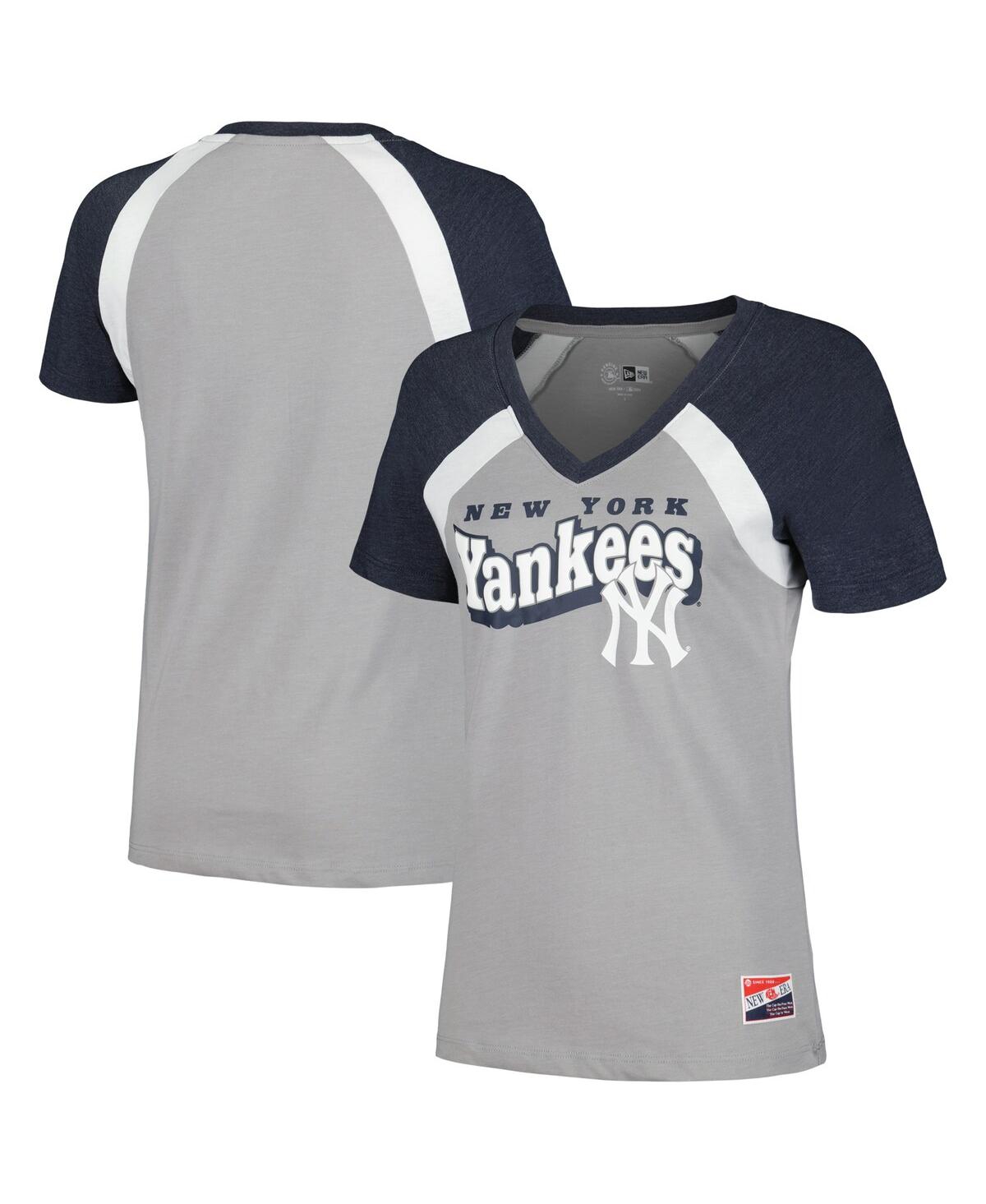 NEW ERA WOMEN'S GRAY NEW YORK YANKEES HEATHERED RAGLAN V-NECK T-SHIRT 