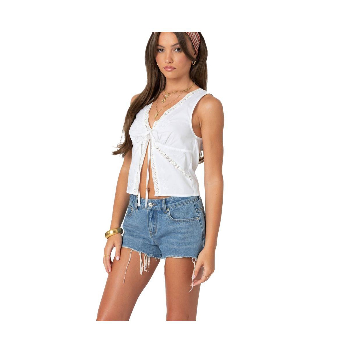 Edikted Women's Embroidered Lacey Split Front Top