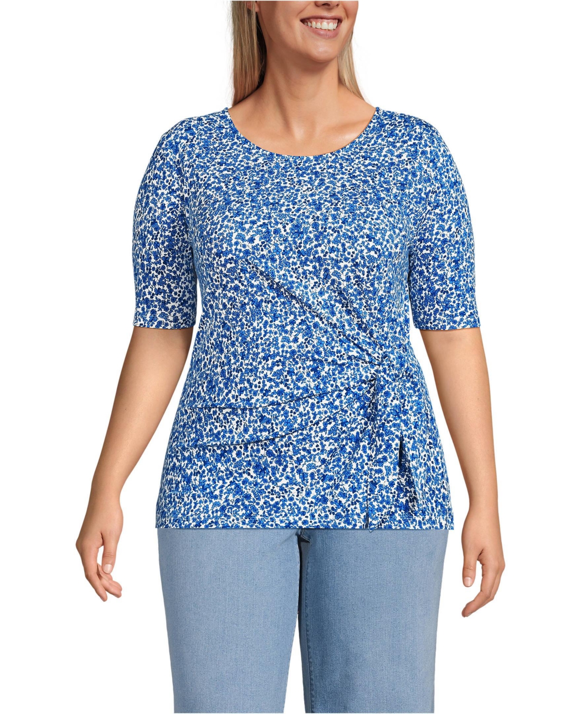 Lands' End Plus Size Lightweight Jersey Tie Front Top -vista blue flowers