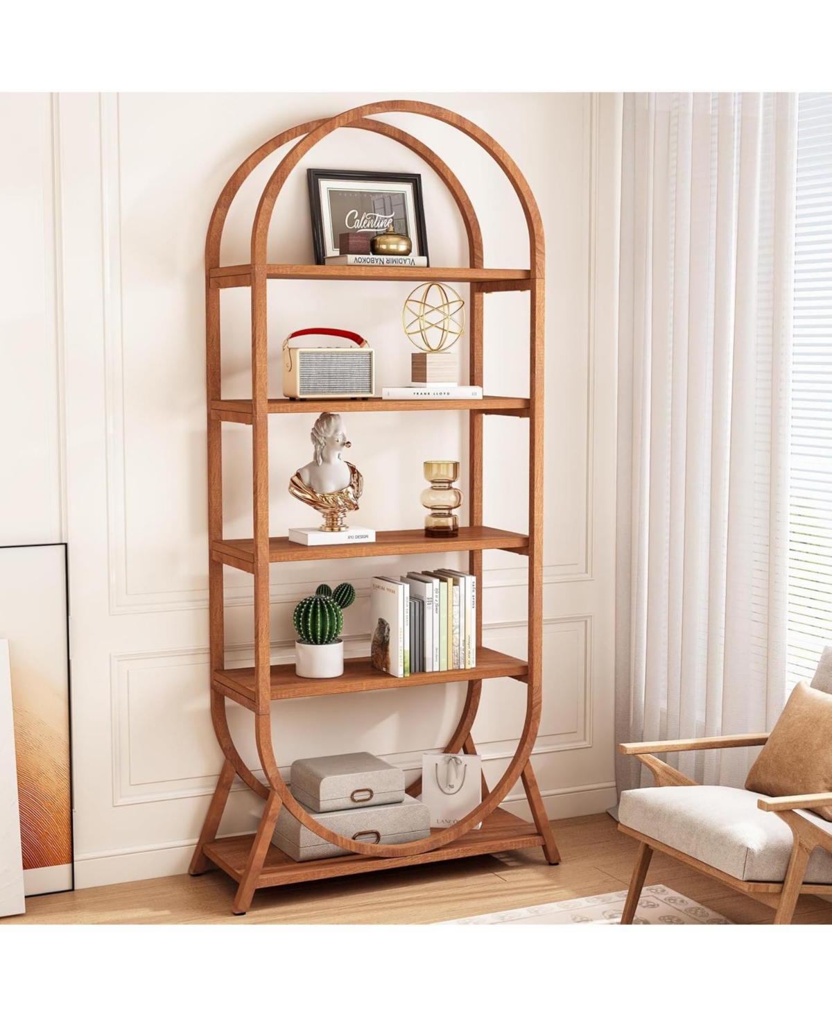 Tribesigns 5-Tier Open Bookshelf, Tall Arched Bookcase, Modern Brown Storage Bookshelves, Freestanding Display Rack Shelving Unit for Office, Be