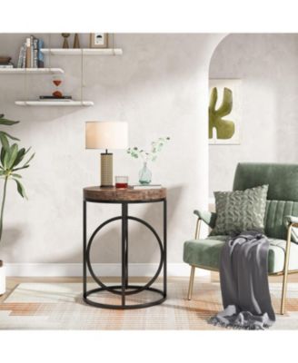 Modern Round End Table with Thick Wood Top, 20”Sofa Side Table Cocktail Table with Unique Black O-Shaped Base, Midcentury Accent Table Nightstand for Living Room Bedroom