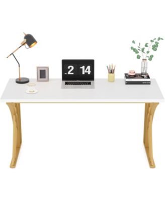 55   Large Modern Computer Desk, White & Gold Luxury Laptop PC Student Table, Makeup Vanity Table, Sturdy Writing Workstation