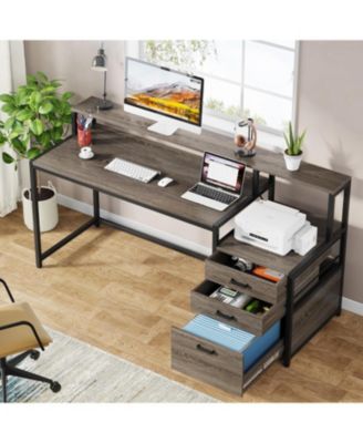 63 Inch Computer Desk with File Drawer Cabinet, Ergonomic Office Desk with Monitor Stand, Workstation Desk