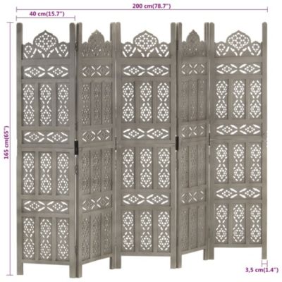 Hand Carved 5-Panel Room Divider with Solid Mango Wood Frame and Foldable Panels for Privacy and Decorative