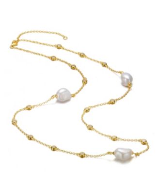 Sterling Silver 14k Yellow Gold Plated Baroque Pearl Bead Station Necklace, Adjustable Length