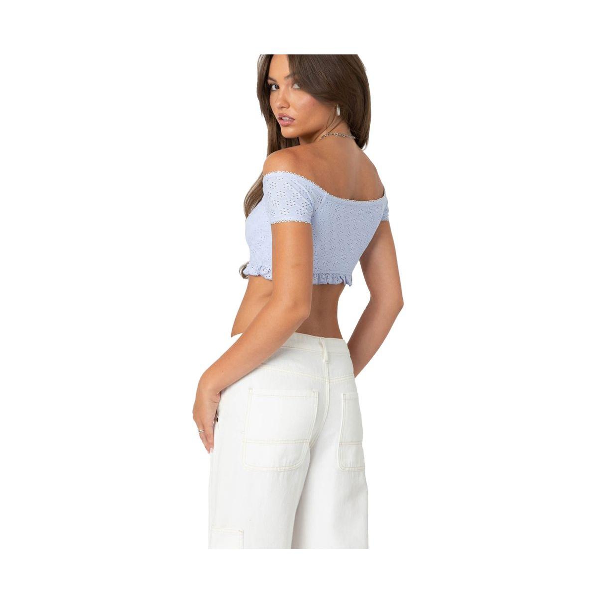 Edikted Women's Off Shoulder Eyelet Crop Top - Light-blue