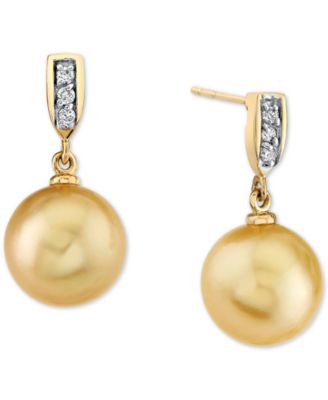 Macy's - Cultured Golden South Sea Pearl (9mm) & Diamond Accent Drop Earrings in 14k Gold (