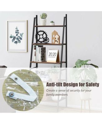 5 Tier Leaning Bookshelf Wood Metal Bookcase