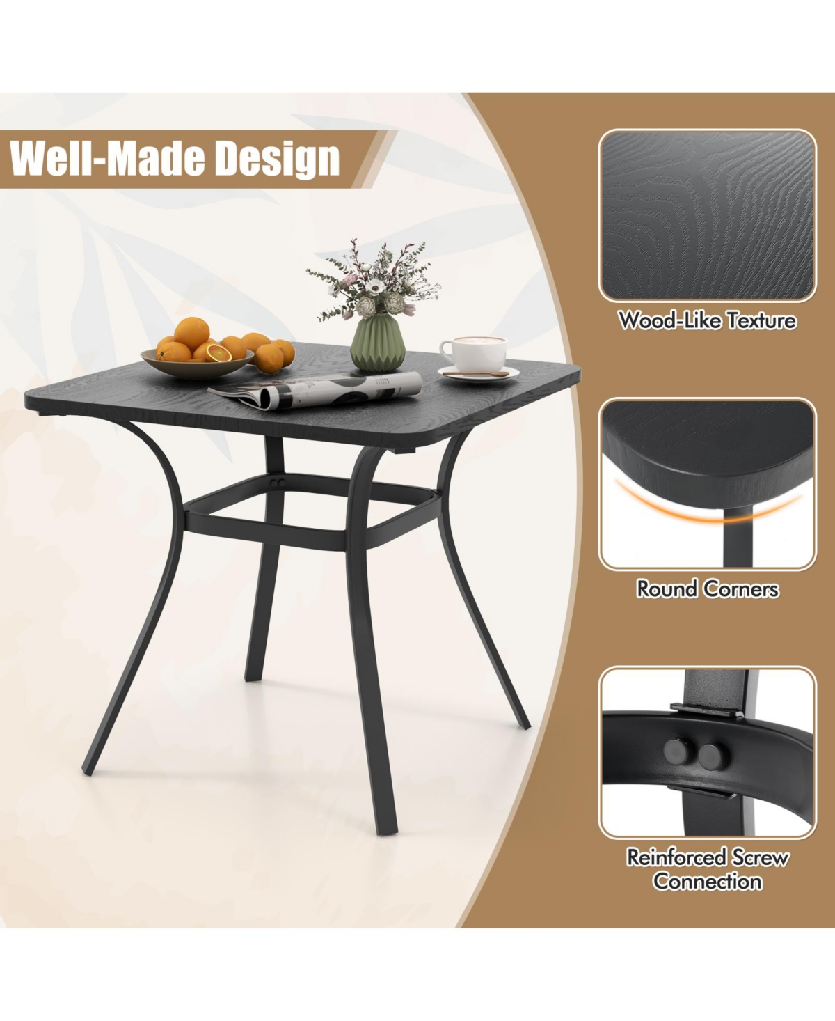 32 Inch Patio Dining Table Metal Square Table for Dining with 4 Curved Legs-Gray