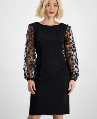 Petite Sheer-Sleeve Appliqué Sheath Dress