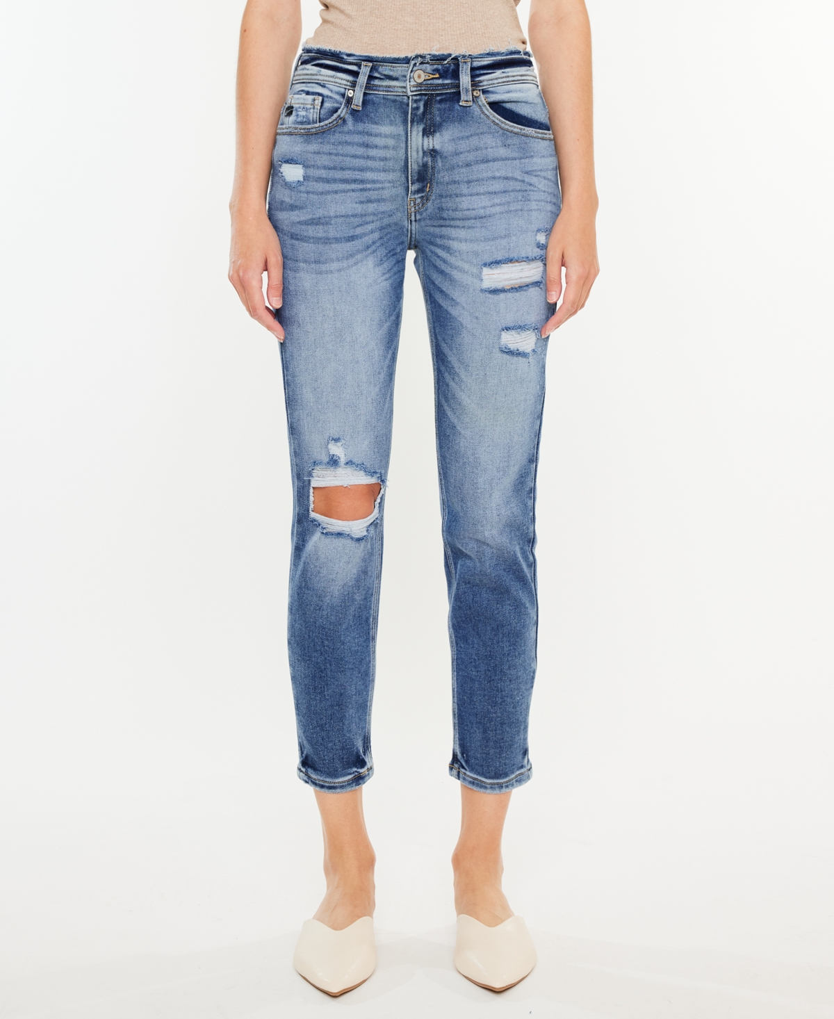Kancan Women's High Rise Distressed Mom Jeans