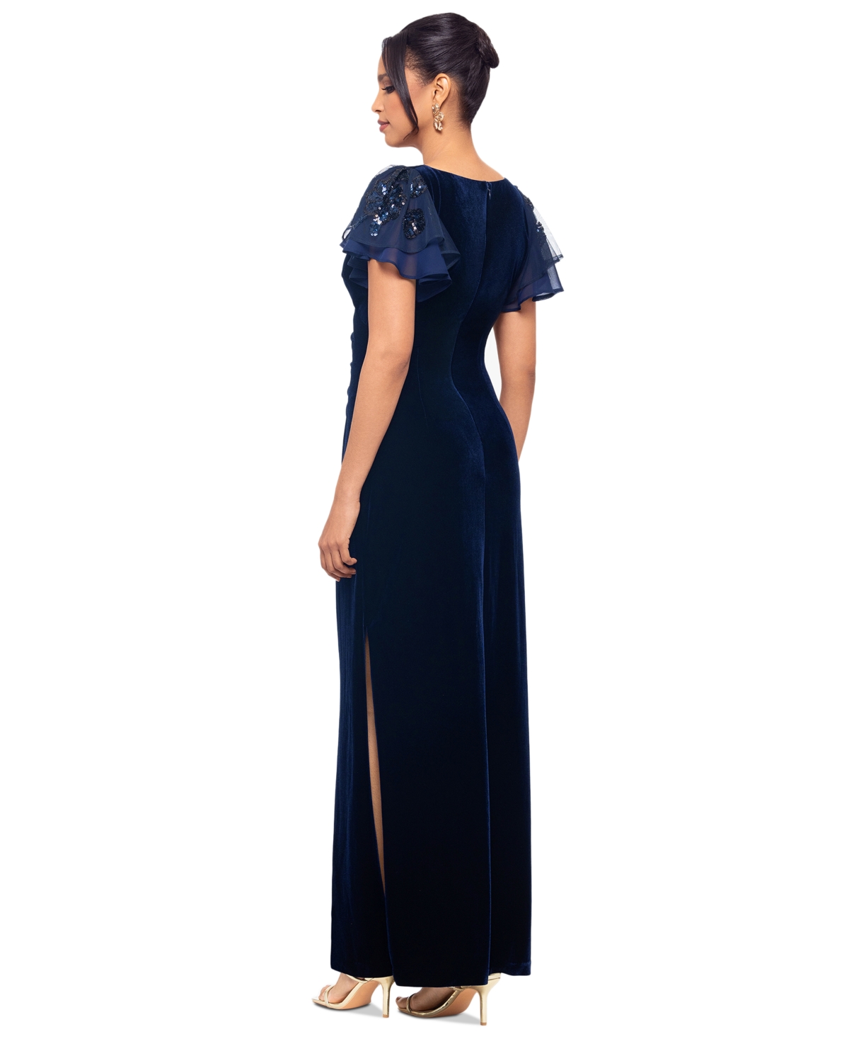 Betsy & Adam Petite Embellished Flutter-Sleeve Velvet Gown
