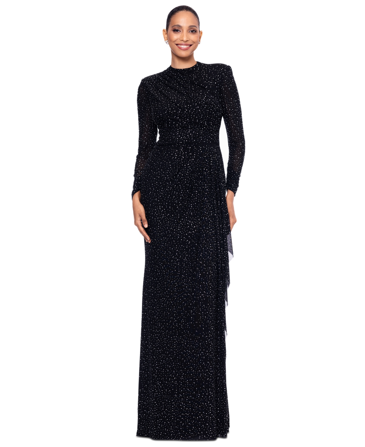 Betsy & Adam Rhinestone Long Sleeve Stretch Gown In Black,silver
