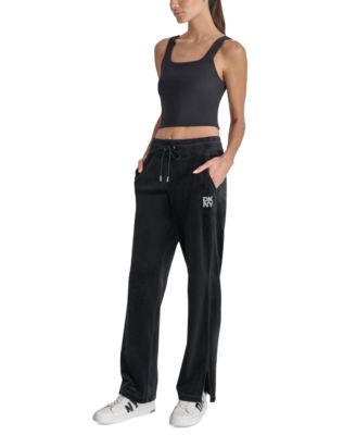 Women's Velour Rhinestone-Logo Side-Slit Track Pants