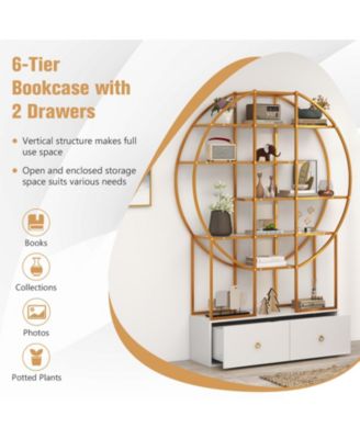 71 Inches 6-Tier Gold Bookshelf with 2 Storage Drawers-Golden