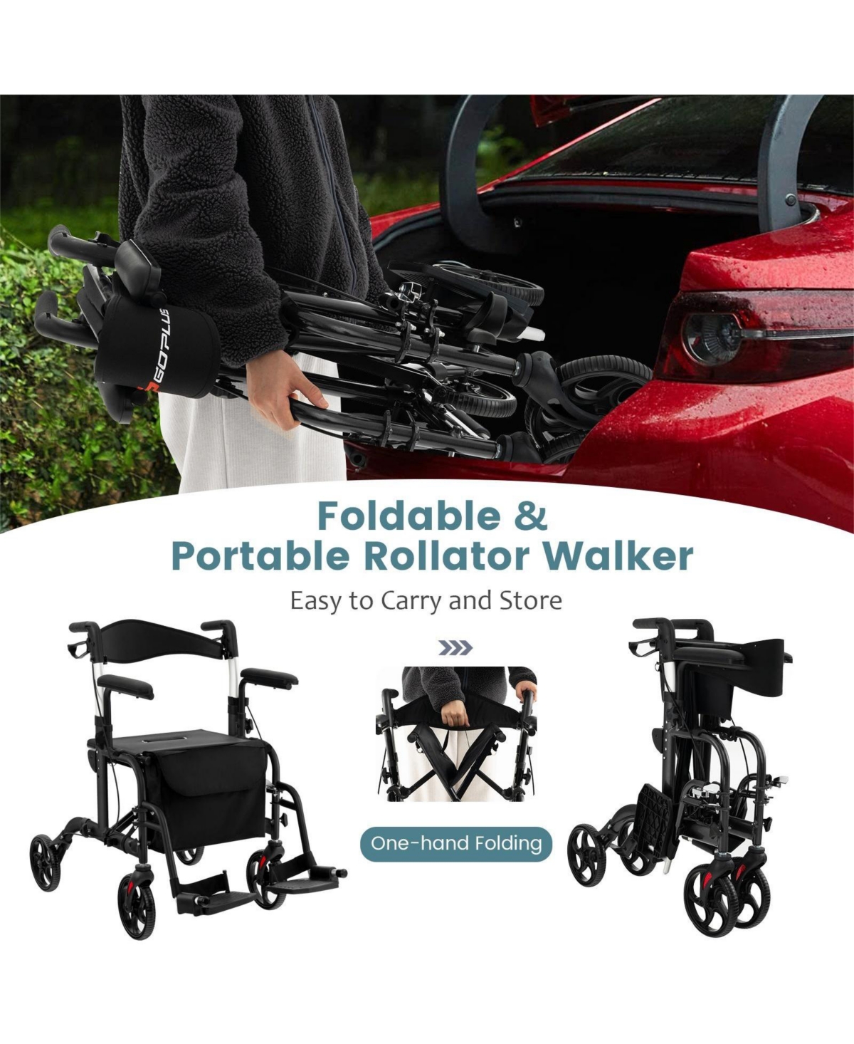 Sugift Folding Rollator Walker with Seat and Wheels Supports up to lbs- Black