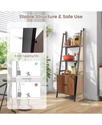 4-Tier Ladder Shelf with Cabinet and Metal Frame-Rustic Brown