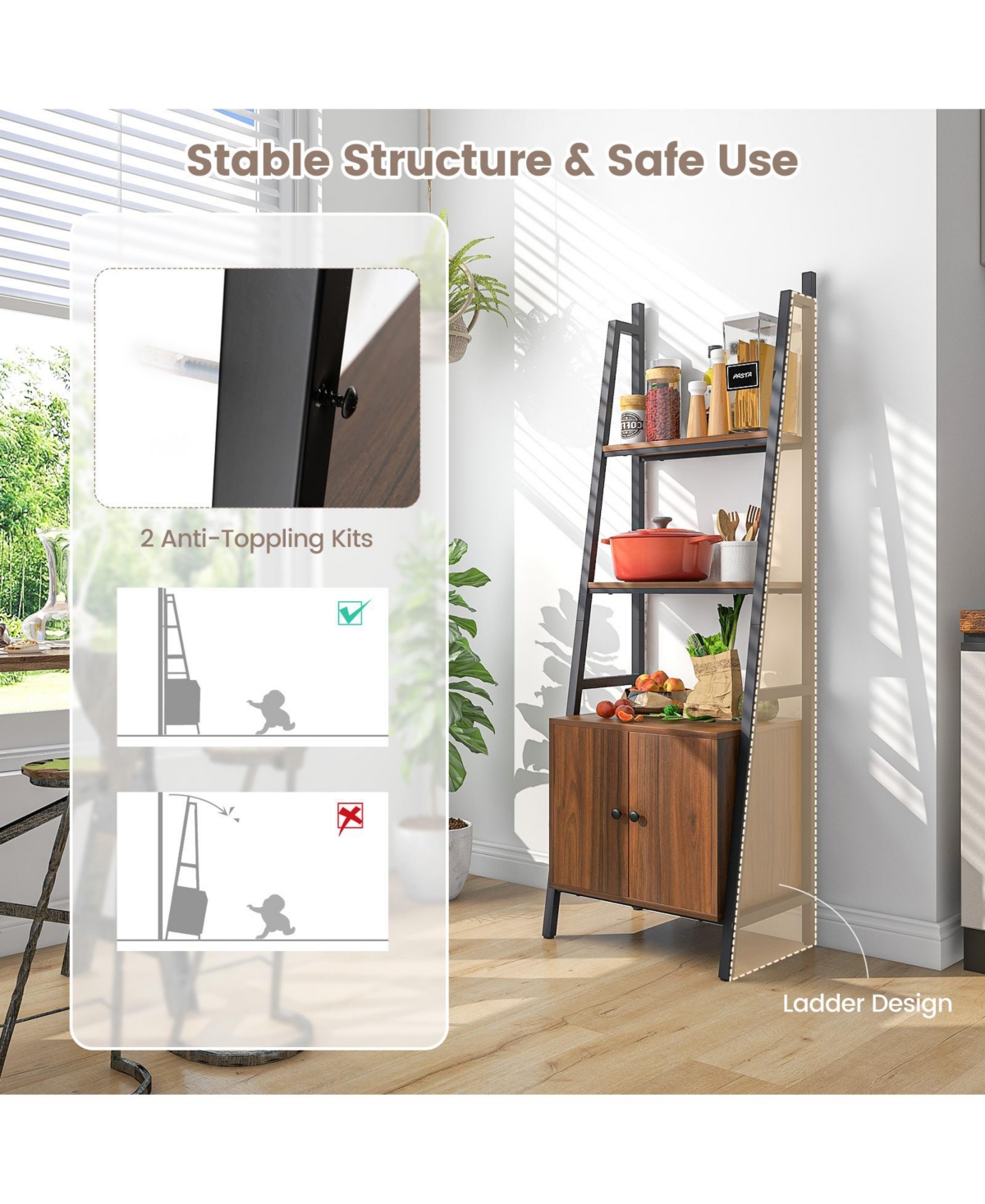 Sugift 4-Tier Ladder Shelf with Cabinet and Metal Frame-Rustic- Brown