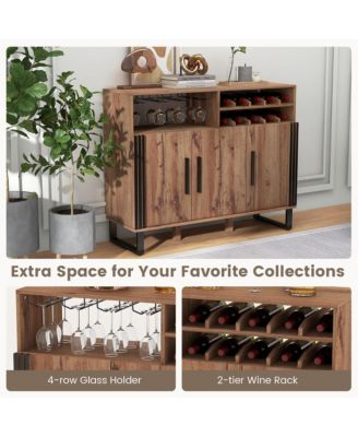 Home Wine Bar Cabinet w/ 3 Doors & Adjustable Shelves 2-tier Wine Rack Sideboard