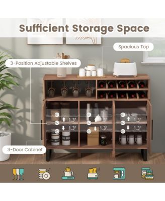 Home Wine Bar Cabinet w/ 3 Doors & Adjustable Shelves 2-tier Wine Rack Sideboard