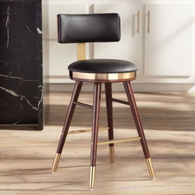 Parker Walnut Metal Bar Stool Brown Gold 25 1/2" High Modern Black Leather Cushion with Backrest Footrest for Kitchen Counter Height Island