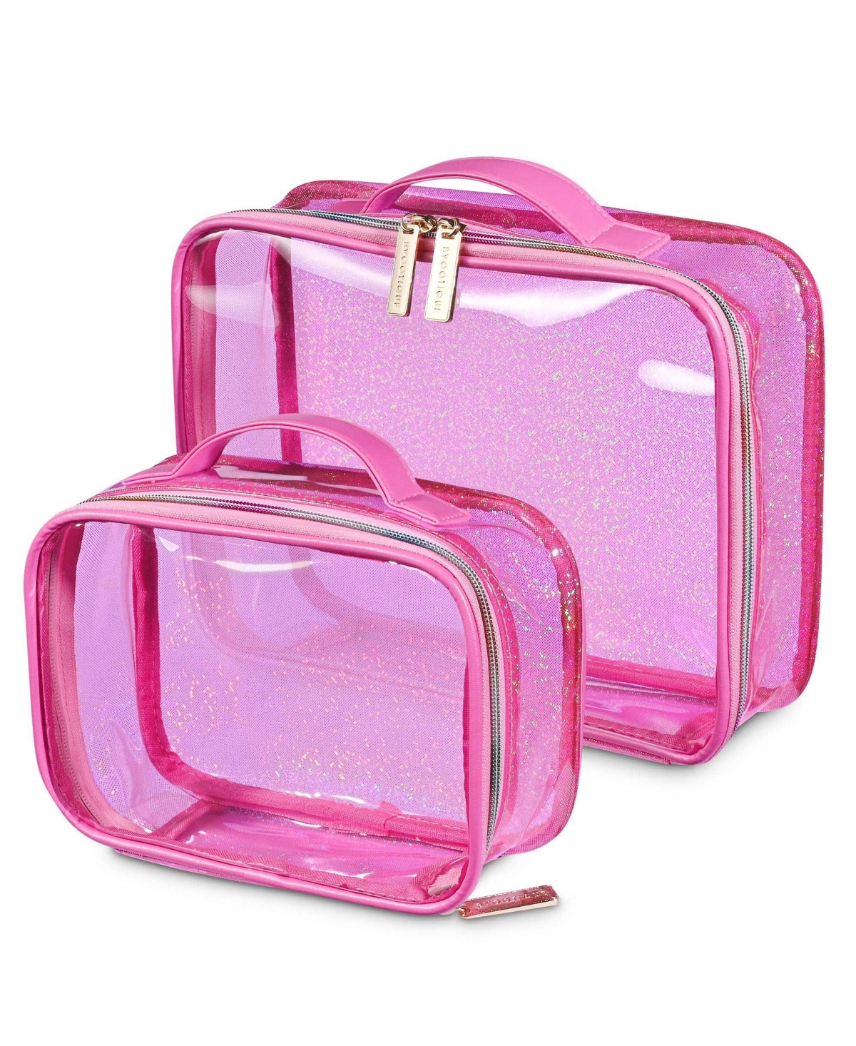 Byootique Set of 2 Clear Makeup Bag Cosmetic Organizer Travel Toiletry Pouch Handle Zipper for Makeup Artist Pink