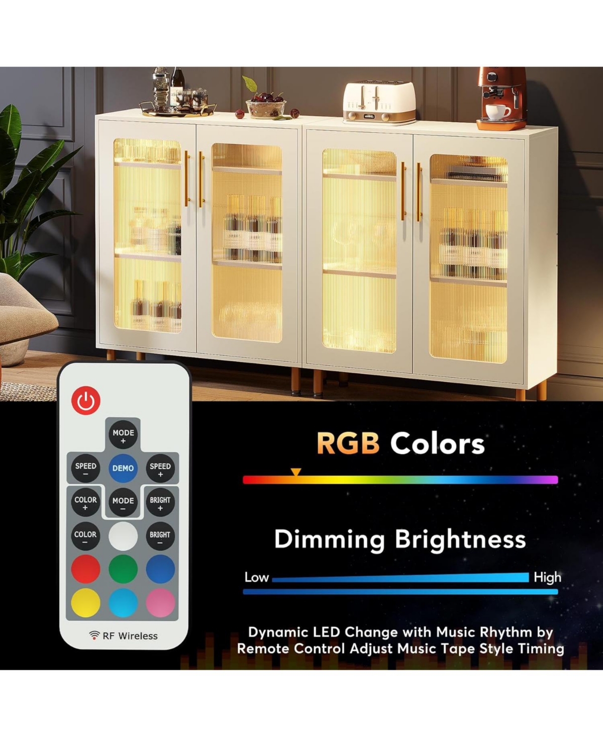 Tribesigns Set of 2 Buffet Cabinet with Storage, Modern Kitchen Accent Cabinet with Acrylic Doors and Led Light - White  gold