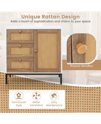 Set of 2 Rattan Sideboard Buffet Cabinet Accent Cabinet w/ 1 Door & 3 Drawers