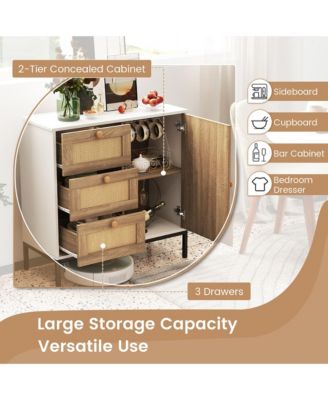 Set of 2 Rattan Sideboard Buffet Cabinet Accent Cabinet w/ 1 Door & 3 Drawers