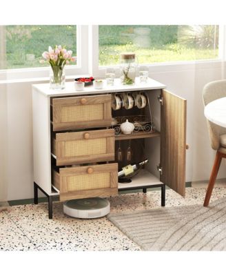 Set of 2 Rattan Sideboard Buffet Cabinet Accent Cabinet w/ 1 Door & 3 Drawers