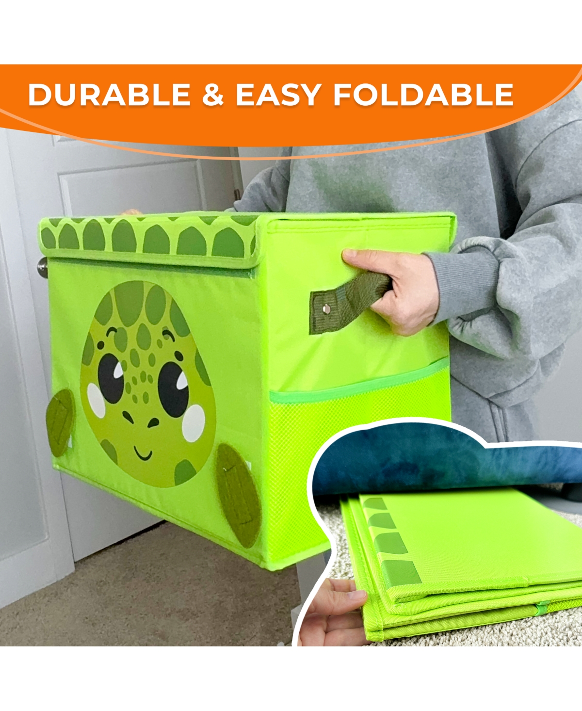 QuokkaToy Chest Collapsible Organizer for Kids with Handles & Flip-Top Lids - Turtle
