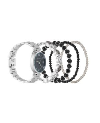 Women's Analog Shiny Silver-Tone Metal Strap Watch 34mm 5 Pieces Bracelet Gift Set