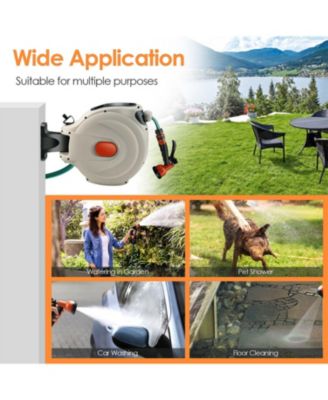 98ft Wall Mounted Retractable Garden Hose Reel with Hose Nozzle and Auto Rewind