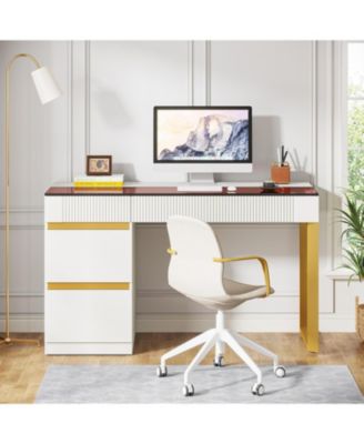 Computer Desk with 4 Drawers, 47 Inch Modern Home Office Desk with Glass Top, White and Gold Writing Workstation Desk with Storage, Makeup Vanity Table for Living Room, Bedroom