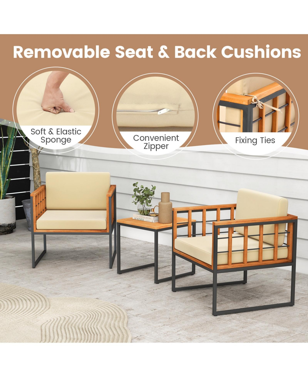 3 Pieces Patio Chair Set Acacia Wood Outdoor Sofa Set with Soft Cushions-Beige