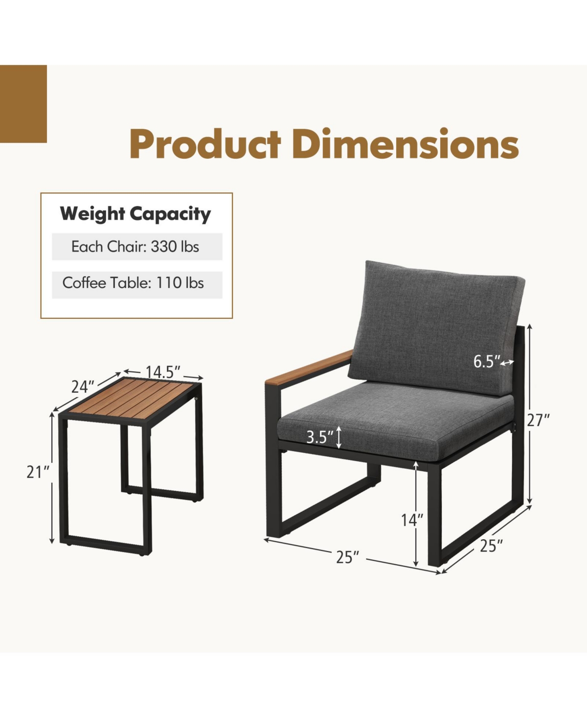 Givimo 3 Pieces Aluminum Frame Weatherproof Outdoor Conversation Set with Soft Cushions-Gray
