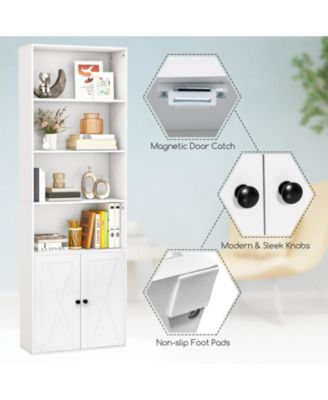 71 Inch Freestanding Bookshelf with 6 Shelves and 2-Door Cabinet-White