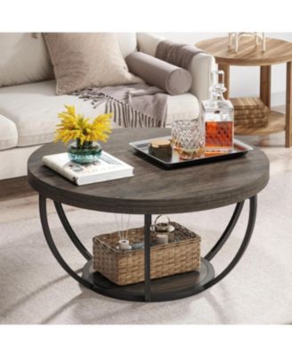 Round Coffee Table, Industrial 2-Tier Circle Coffee Table with Storage Shelves for Living Room, Home Office