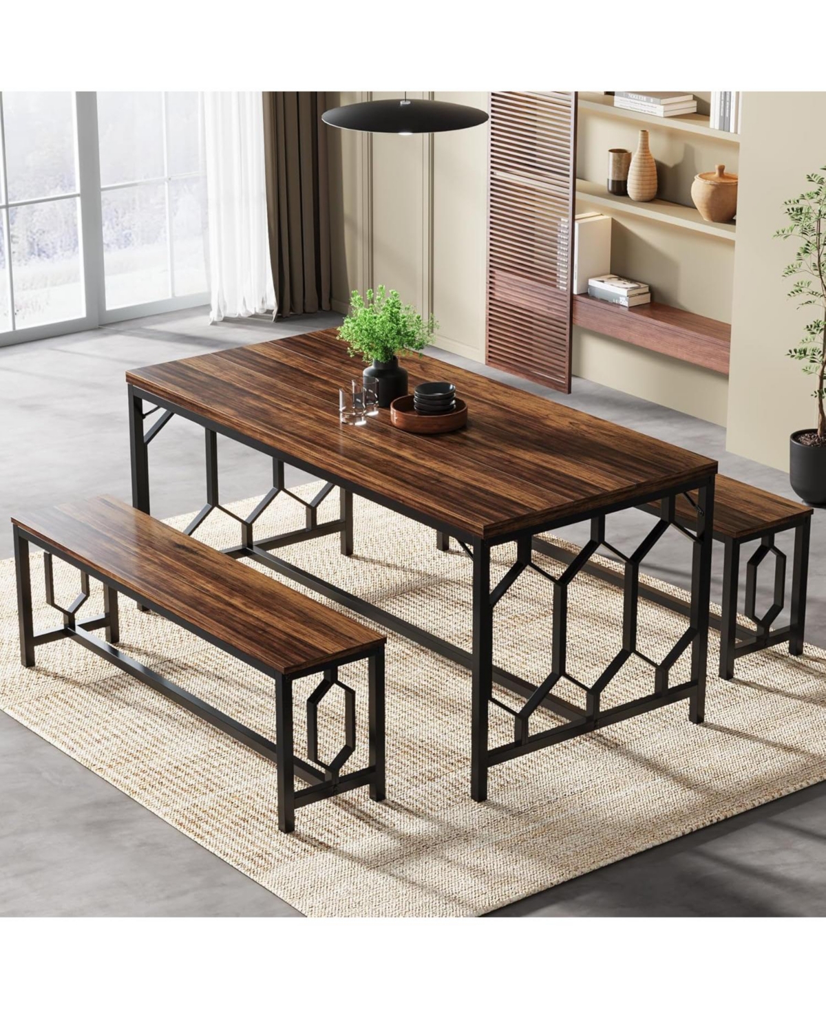 Tribesigns 55-Inch Dining Table Set for 4 to 6, Kitchen Breakfast Table with 2 Benches, Rectangular 3-Piece Wood Modern Industrial Bar Table Fur