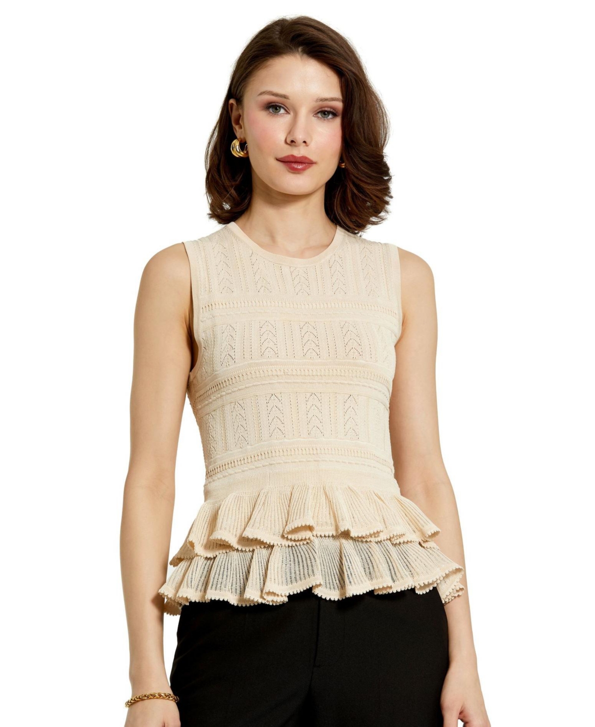 Women's Sleeveless High Neck Knit Top With Ruffle Hem - Oat