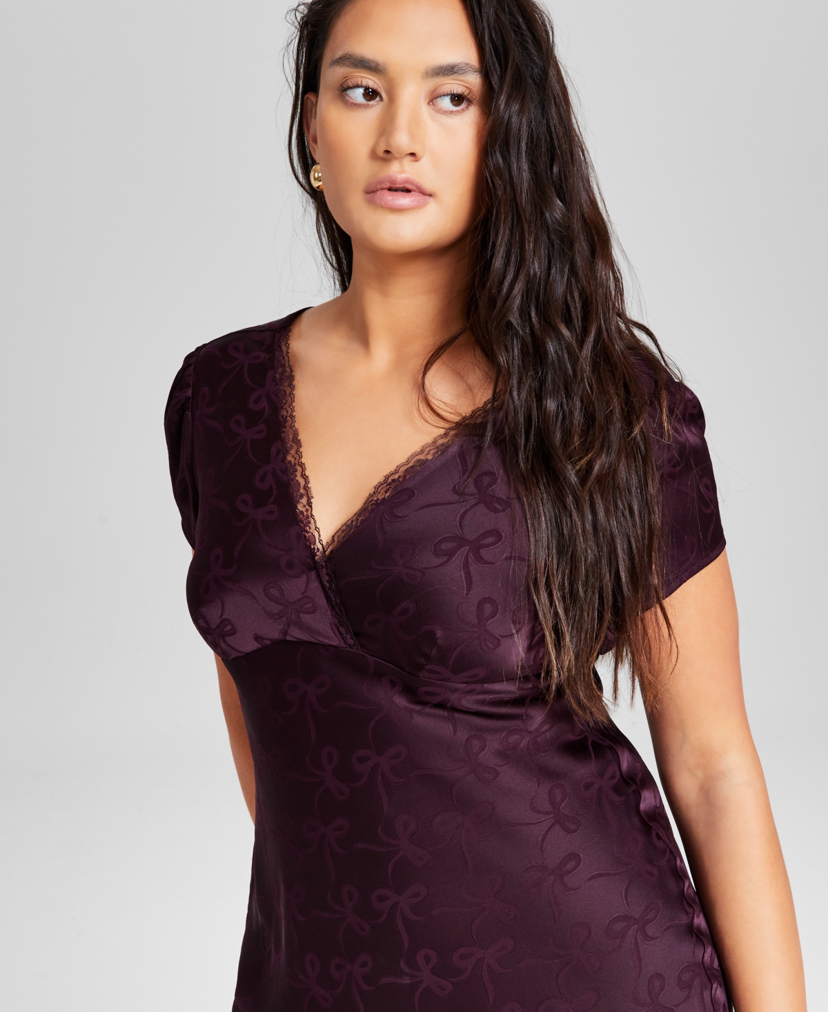 And Now This Women's Satin Bow Print Short-Sleeve V-Neck Midi Dress, Created for Macy's