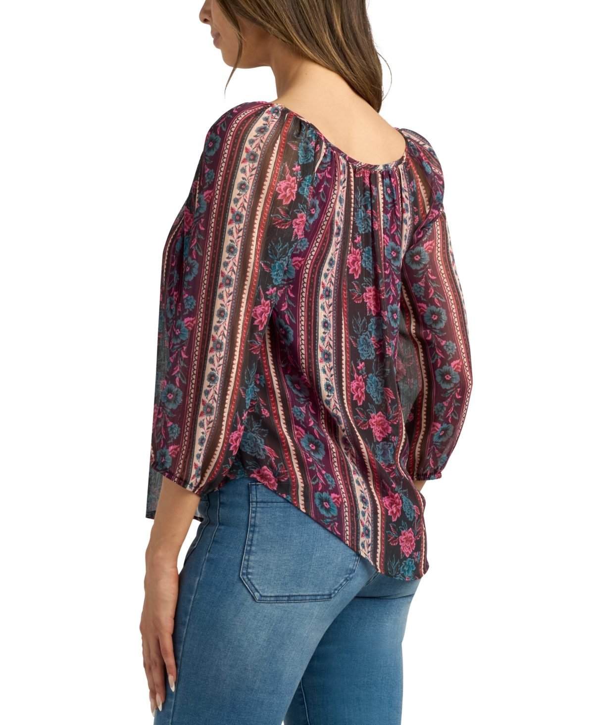 BCX JUNIORS' PRINTED ROUND-NECK 3/4-SLEEVE PEASANT BLOUSE 