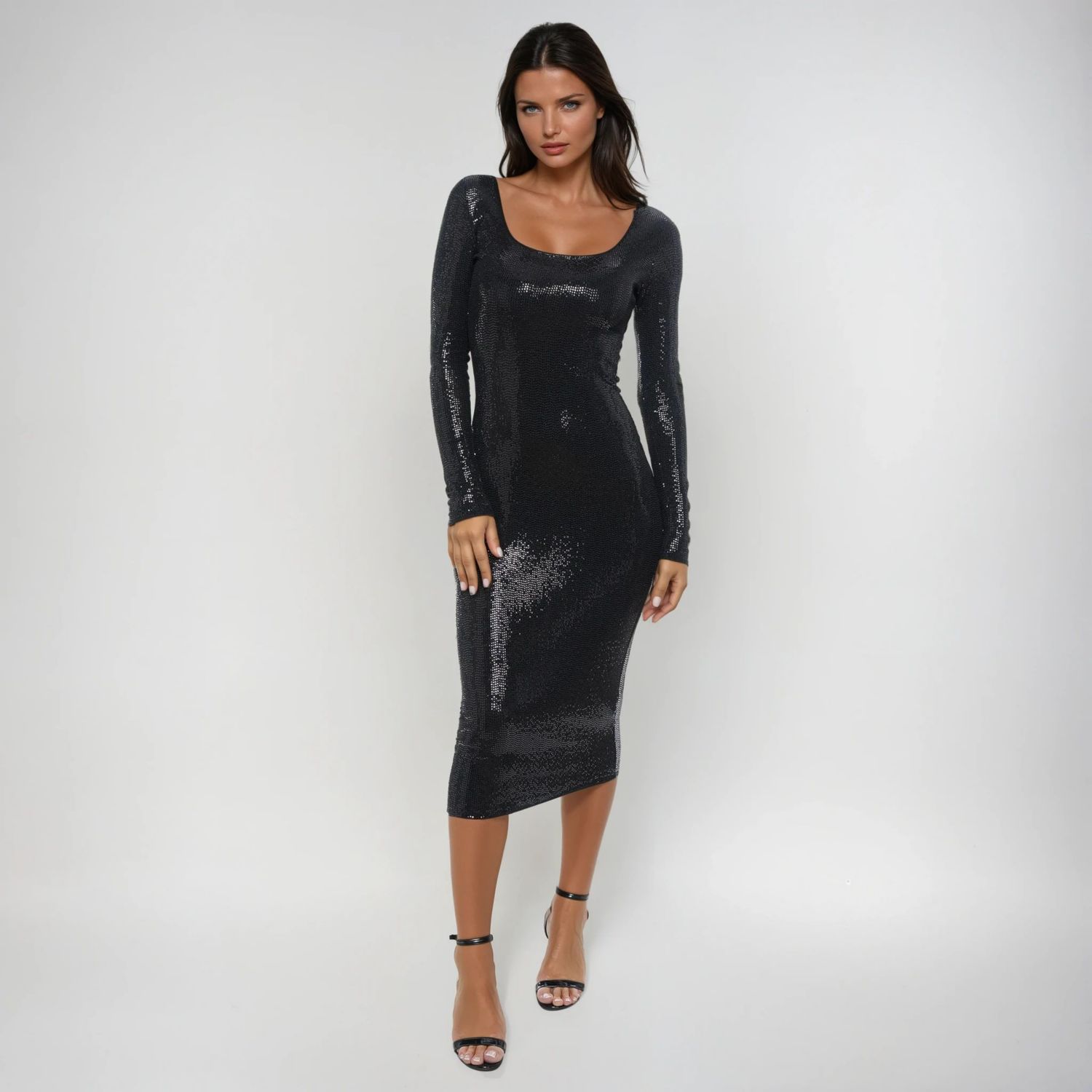Women's Long Sleeve Square Neck Disco Dot Maxi Dress
