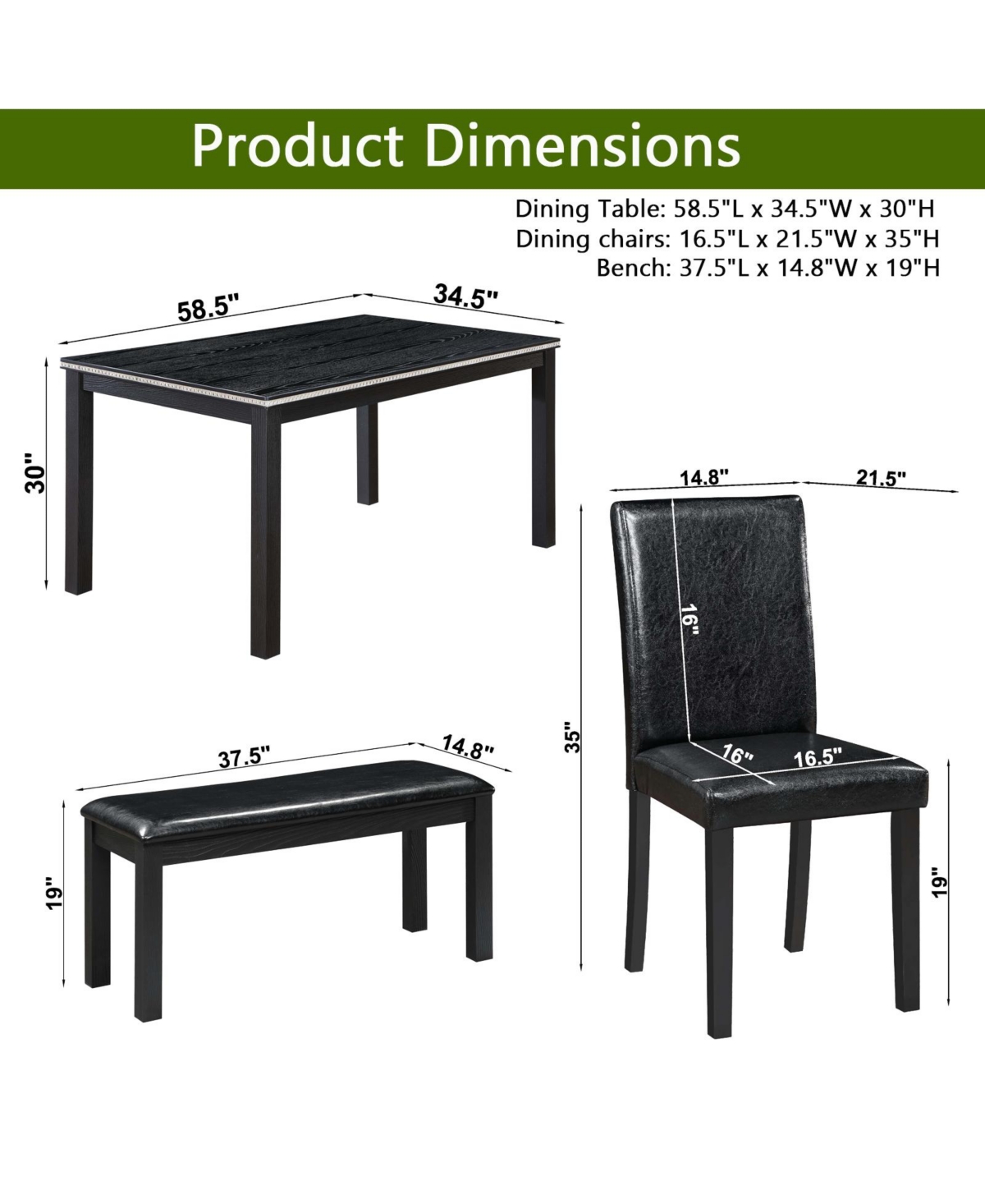 Streamdale Furniture ModernDining Table with Bench for 6 - Black