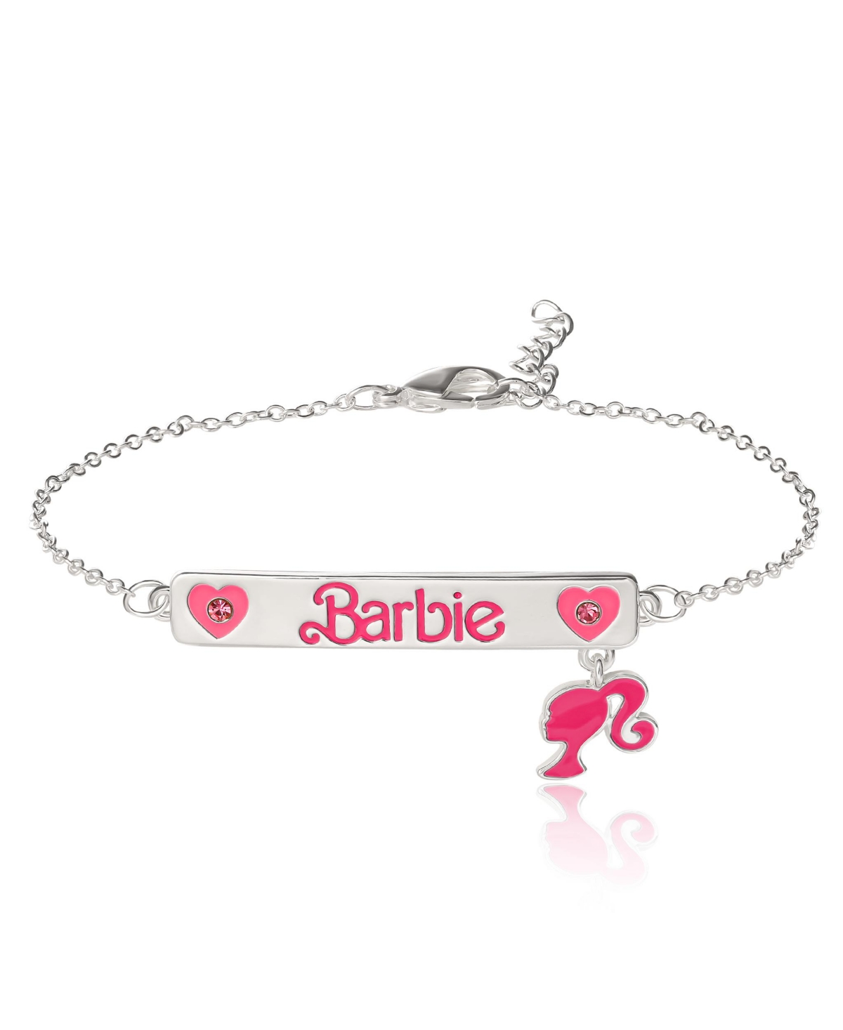 Silver Plated Bar Pink Crystal Heart Bracelet - Silver tone, pink