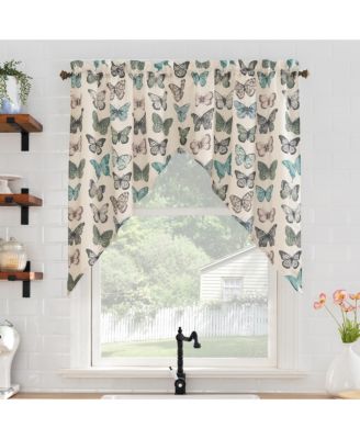 Magdalena Butterfly Print Sheer Rod Pocket Kitchen Curtain Swag Pair