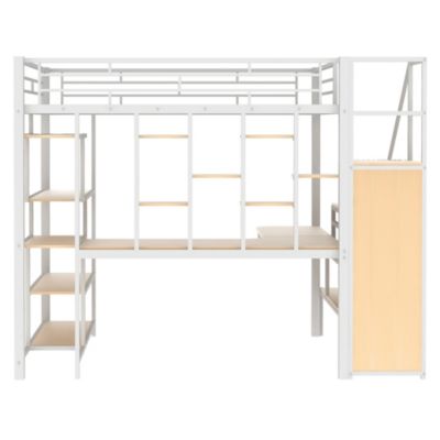  Metal Loft Bed with Staircase, Wardrobe, Desk, & Shelves